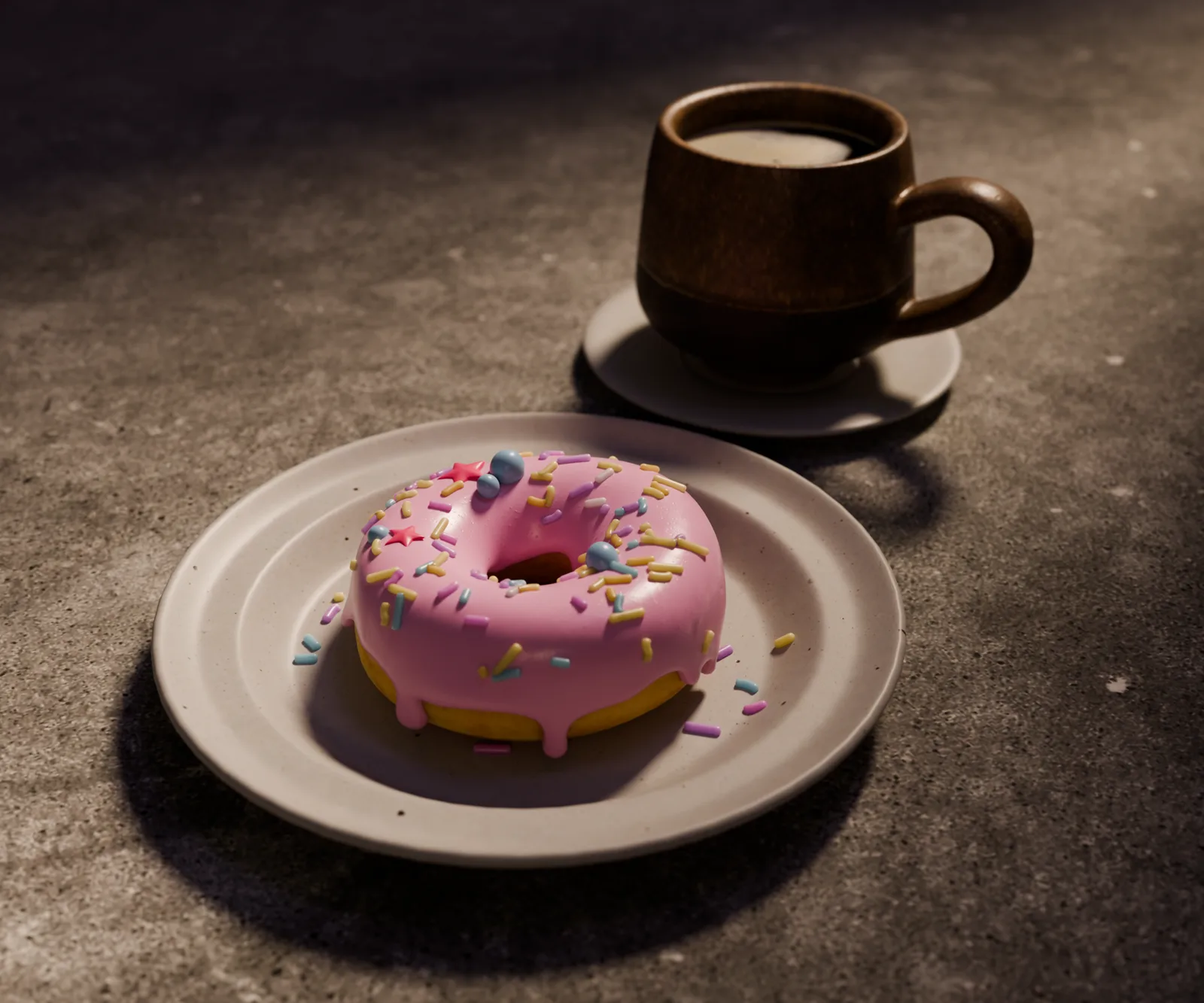 Rendu Blender d'un donut glacé rose recouvert de vermicelles, posé sur une assiette à côté d'une tasse de café.