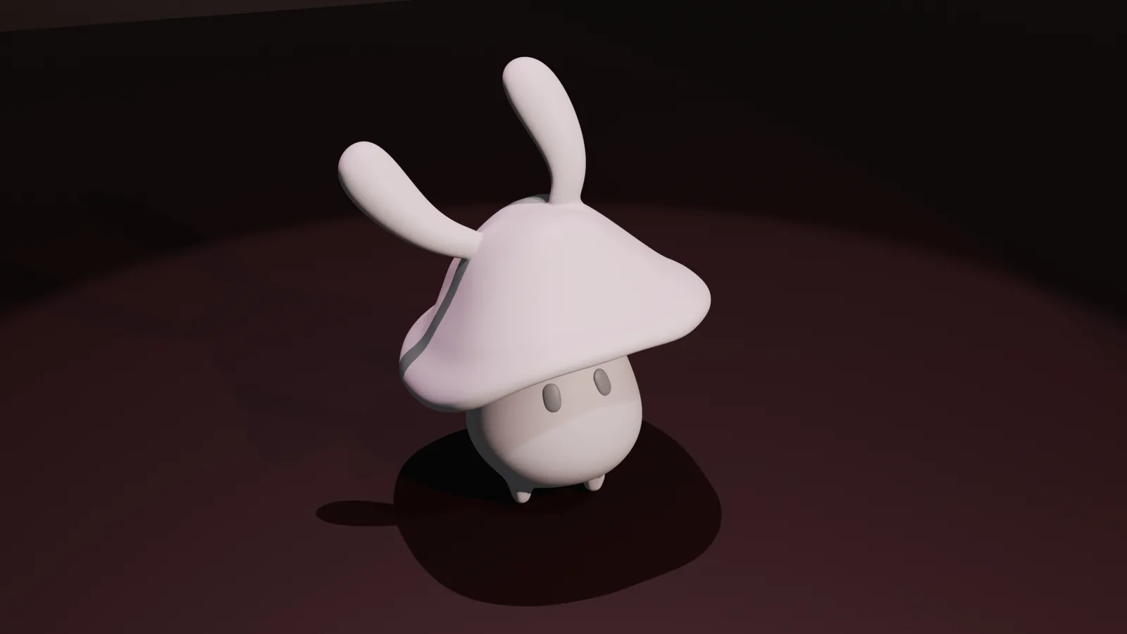 Rendu Blender d'un personnage stylisé, mi-champignon mi-lapin, aux longues oreilles.