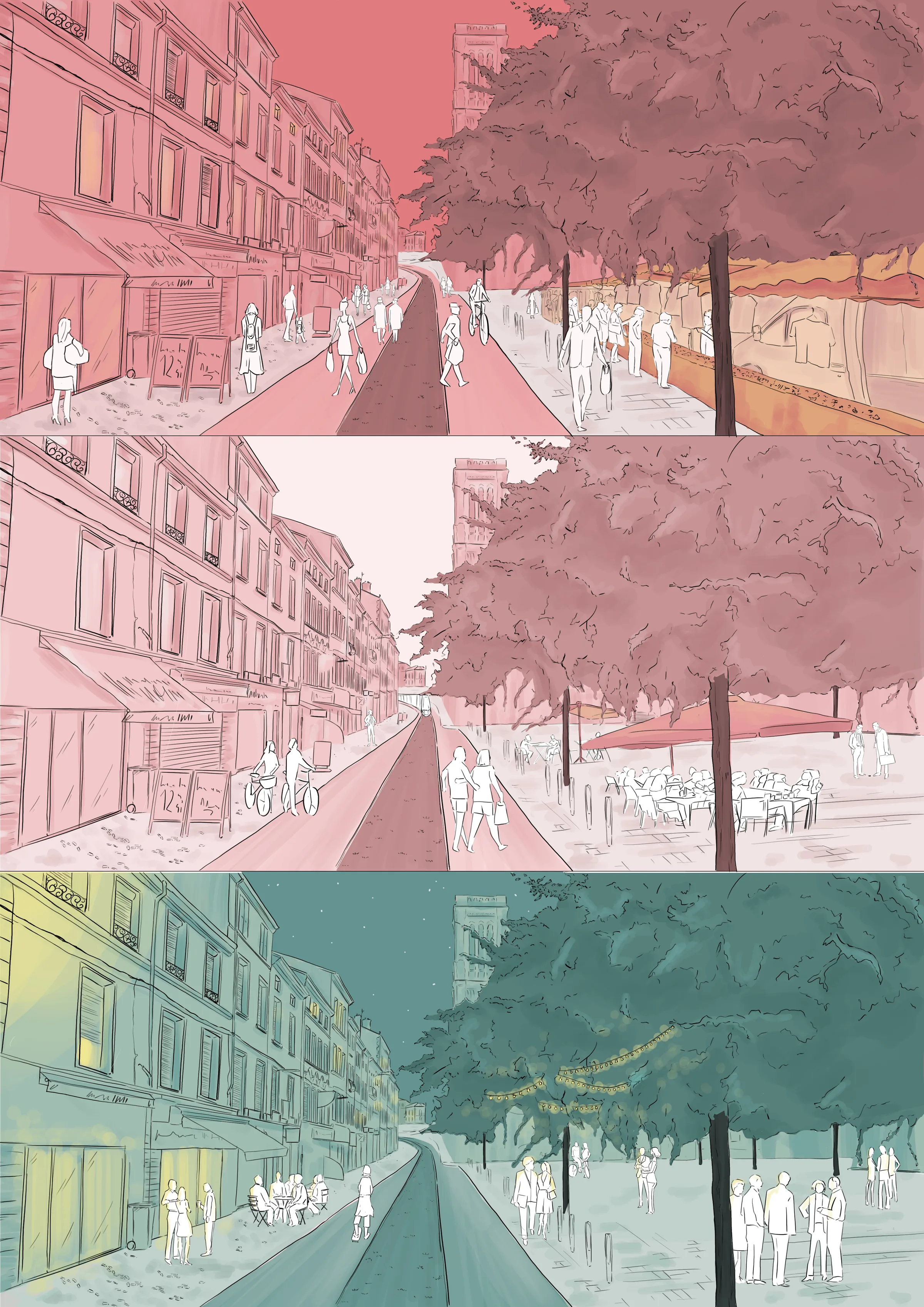 Illustration : Ambiances selon la journée (matin, midi, soir)